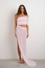 Floral Lara Dress by DŽO – a pink two-piece with bandeau top and ruched skirt. Perfect for summer event styling.