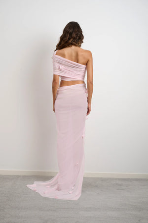 Floral Lara Dress by DŽO – a pink two-piece with bandeau top and ruched skirt. Perfect for summer event styling.