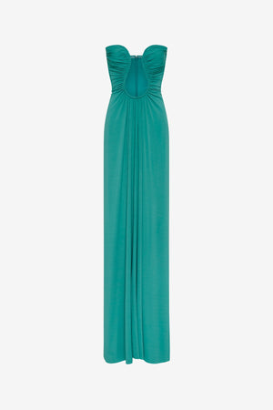 Florence Jersey Dress by Misha, a teal blue strapless maxi with plunge neckline and waist ruching. Perfect for formal events or galas.