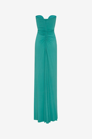Florence Jersey Dress by Misha, a teal blue strapless maxi with plunge neckline and waist ruching. Perfect for formal events or galas.