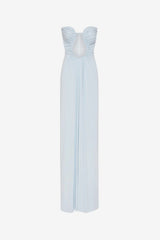 Florence Jersey Dress in Skywriting by Misha, a teal blue strapless maxi with plunge neckline and waist ruching. Perfect for formal events or galas.