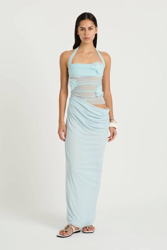 Florence Maxi Dress Fresh Mint Flower by Benni, halter mesh bodice with 3D florals and draped cupro skirt, a romantic elegant piece for special events.
