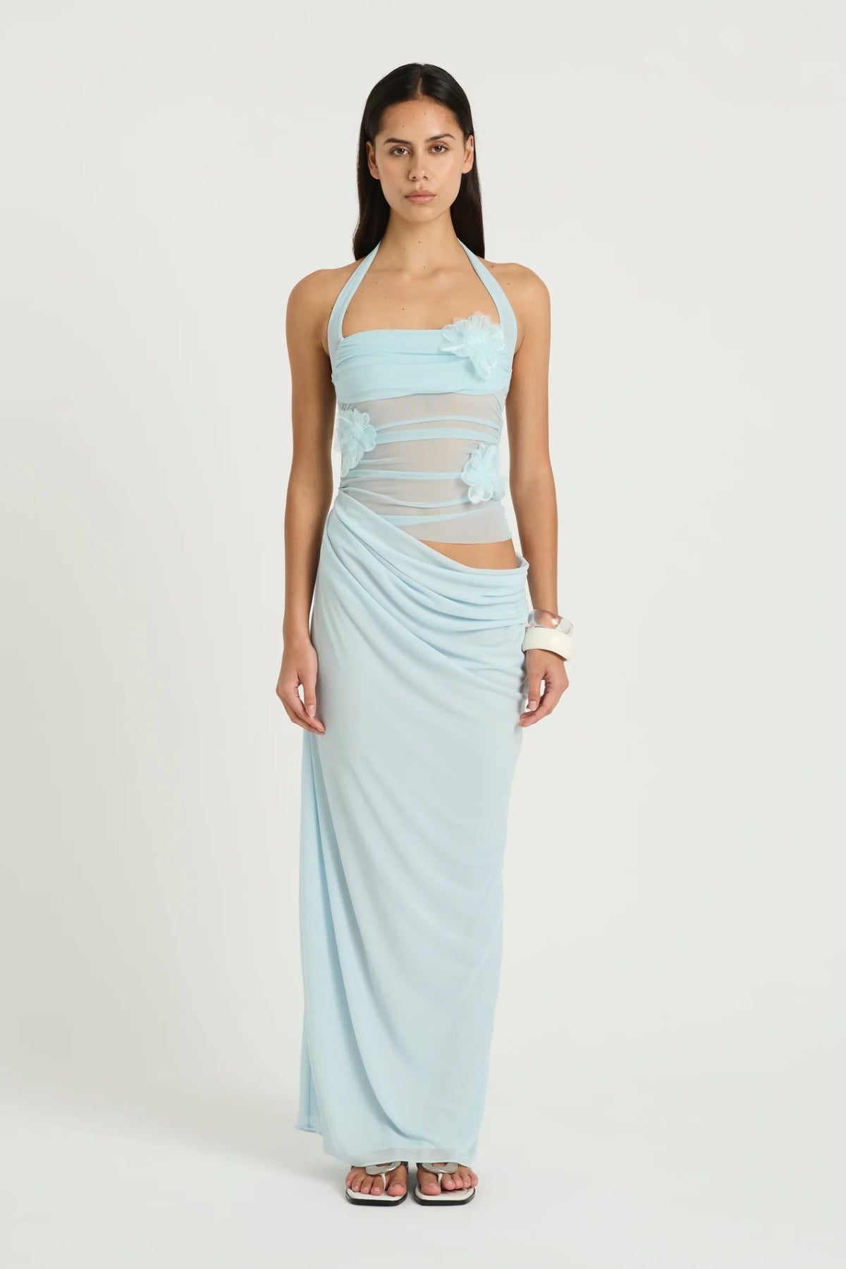 Florence Maxi Dress Fresh Mint Flower by Benni, halter mesh bodice with 3D florals and draped cupro skirt, a romantic elegant piece for special events.