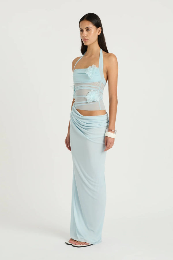 Florence Maxi Dress Fresh Mint Flower by Benni, halter mesh bodice with 3D florals and draped cupro skirt, a romantic elegant piece for special events.