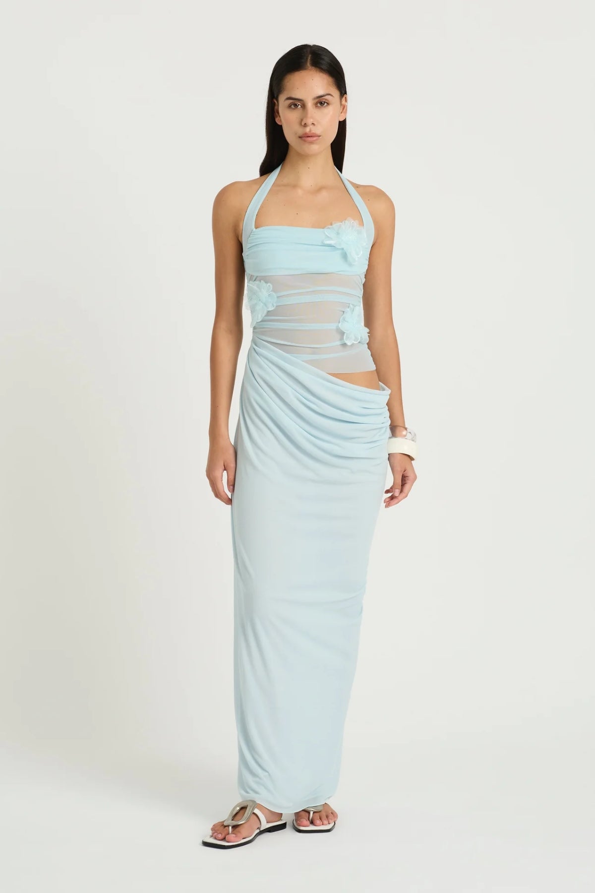 Florence Maxi Dress Fresh Mint Flower by Benni, halter mesh bodice with 3D florals and draped cupro skirt, a romantic elegant piece for special events.