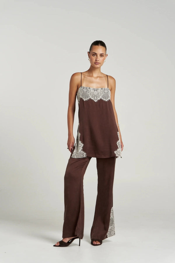 Florence Pant Espresso by Summi Summi – tailored cupro rayon flared pants with cream lace trim detail.