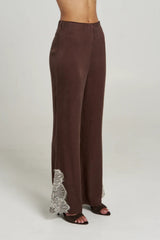 Florence Pant Espresso by Summi Summi – tailored cupro rayon flared pants with cream lace trim detail.