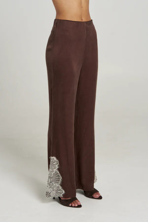 Florence Pant Espresso by Summi Summi – tailored cupro rayon flared pants with cream lace trim detail.