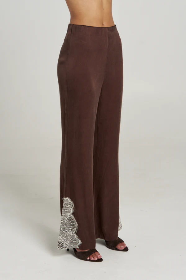 Florence Pant Espresso by Summi Summi – tailored cupro rayon flared pants with cream lace trim detail.