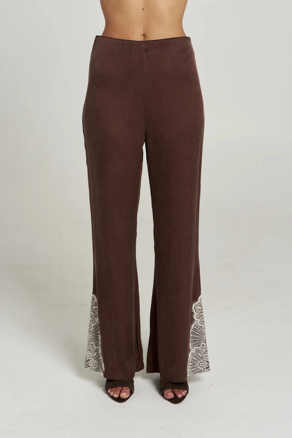 Florence Pant Espresso by Summi Summi – tailored cupro rayon flared pants with cream lace trim detail.