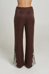 Florence Pant Espresso by Summi Summi – tailored cupro rayon flared pants with cream lace trim detail.