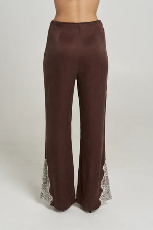Florence Pant Espresso by Summi Summi – tailored cupro rayon flared pants with cream lace trim detail.
