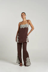 Florence Pant Espresso by Summi Summi – tailored cupro rayon flared pants with cream lace trim detail.