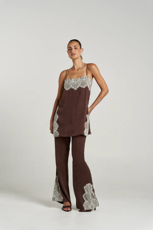 Florence Pant Espresso by Summi Summi – tailored cupro rayon flared pants with cream lace trim detail.