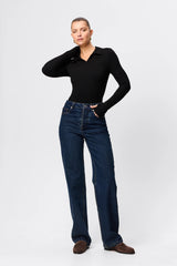 Florence Polo Top in Black by Mossman, a ribbed jersey long sleeve polo with thumb openings and sculpted fit.