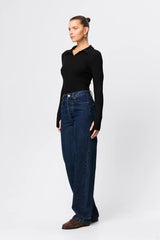 Florence Polo Top in Black by Mossman, a ribbed jersey long sleeve polo with thumb openings and sculpted fit.