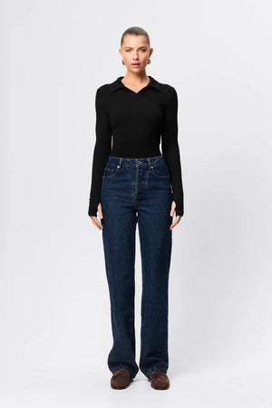 Florence Polo Top in Black by Mossman, a ribbed jersey long sleeve polo with thumb openings and sculpted fit.