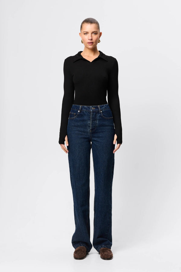 Florence Polo Top in Black by Mossman, a ribbed jersey long sleeve polo with thumb openings and sculpted fit.