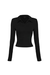Florence Polo Top in Black by Mossman, a ribbed jersey long sleeve polo with thumb openings and sculpted fit.
