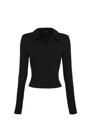 Florence Polo Top in Black by Mossman, a ribbed jersey long sleeve polo with thumb openings and sculpted fit.