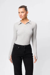 Florence Polo Top in Grey Marle by Mossman, a ribbed jersey long sleeve polo with thumb openings and sculpted fit.