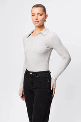 Florence Polo Top in Grey Marle by Mossman, a ribbed jersey long sleeve polo with thumb openings and sculpted fit.