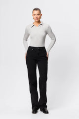 Florence Polo Top in Grey Marle by Mossman, a ribbed jersey long sleeve polo with thumb openings and sculpted fit.