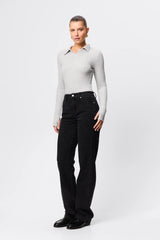 Florence Polo Top in Grey Marle by Mossman, a ribbed jersey long sleeve polo with thumb openings and sculpted fit.