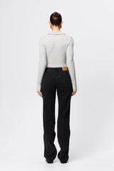 Florence Polo Top in Grey Marle by Mossman, a ribbed jersey long sleeve polo with thumb openings and sculpted fit.