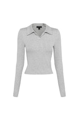 Florence Polo Top in Grey Marle by Mossman, a ribbed jersey long sleeve polo with thumb openings and sculpted fit.