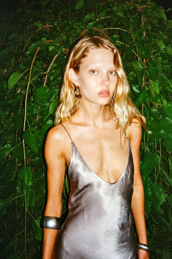 Florence Scoop Maxi Dress Silver by Bec + Bridge - backless silver maxi dress with plunge neckline and strappy bead detail, perfect for weddings and events.