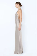 Florence Scoop Maxi Dress Silver by Bec + Bridge - backless silver maxi dress with plunge neckline and strappy bead detail, perfect for weddings and events.