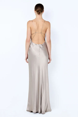 Florence Scoop Maxi Dress Silver by Bec + Bridge - backless silver maxi dress with plunge neckline and strappy bead detail, perfect for weddings and events.