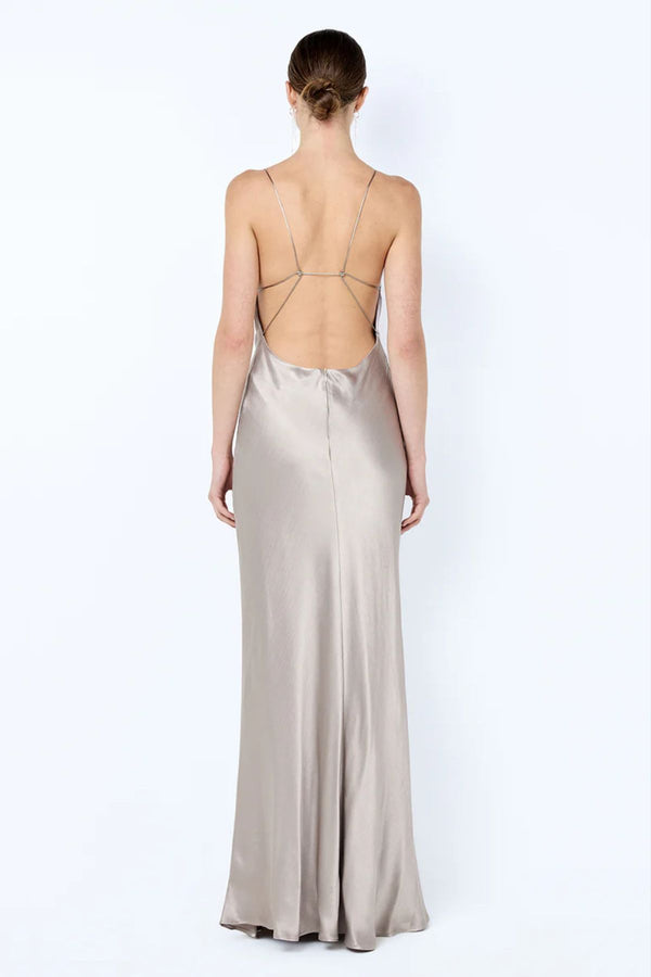 Florence Scoop Maxi Dress Silver by Bec + Bridge - backless silver maxi dress with plunge neckline and strappy bead detail, perfect for weddings and events.
