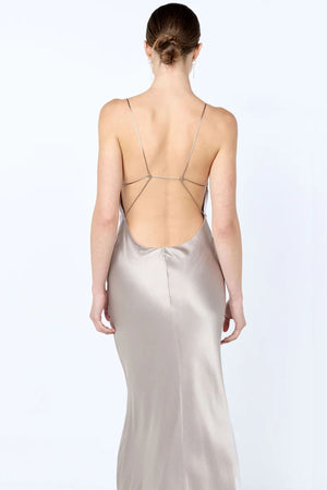 Florence Scoop Maxi Dress Silver by Bec + Bridge - backless silver maxi dress with plunge neckline and strappy bead detail, perfect for weddings and events.
