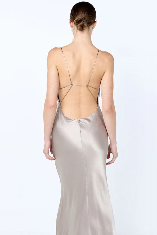 Florence Scoop Maxi Dress Silver by Bec + Bridge - backless silver maxi dress with plunge neckline and strappy bead detail, perfect for weddings and events.