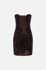 Florence Sequin Mini Dress Burgundy by Misha - strapless sequin mini dress with wired U plunge and ruched waist, perfect for statement evening events.