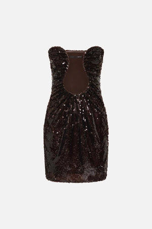 Florence Sequin Mini Dress Burgundy by Misha - strapless sequin mini dress with wired U plunge and ruched waist, perfect for statement evening events.
