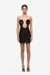 Florence Sequin Mini Dress Burgundy by Misha - strapless sequin mini dress with wired U plunge and ruched waist, perfect for statement evening events.