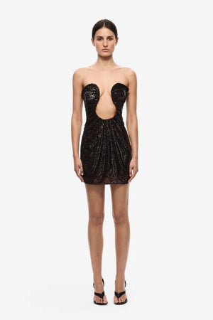 Florence Sequin Mini Dress Burgundy by Misha - strapless sequin mini dress with wired U plunge and ruched waist, perfect for statement evening events.