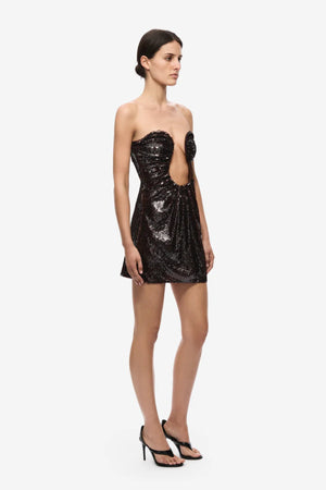 Florence Sequin Mini Dress Burgundy by Misha - strapless sequin mini dress with wired U plunge and ruched waist, perfect for statement evening events.