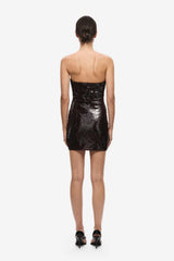 Florence Sequin Mini Dress Burgundy by Misha - strapless sequin mini dress with wired U plunge and ruched waist, perfect for statement evening events.