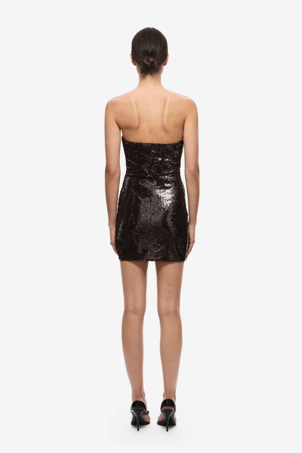 Florence Sequin Mini Dress Burgundy by Misha - strapless sequin mini dress with wired U plunge and ruched waist, perfect for statement evening events.
