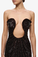 Florence Sequin Mini Dress Burgundy by Misha - strapless sequin mini dress with wired U plunge and ruched waist, perfect for statement evening events.