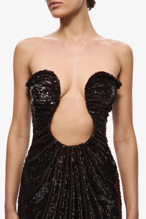Florence Sequin Mini Dress Burgundy by Misha - strapless sequin mini dress with wired U plunge and ruched waist, perfect for statement evening events.