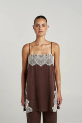 Florence Shirt Top Espresso by Summi Summi – relaxed cupro rayon camisole with cream lace trim and adjustable straps.