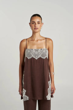 Florence Shirt Top Espresso by Summi Summi – relaxed cupro rayon camisole with cream lace trim and adjustable straps.