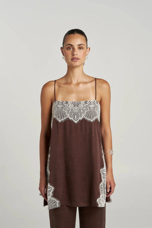 Florence Shirt Top Espresso by Summi Summi – relaxed cupro rayon camisole with cream lace trim and adjustable straps.