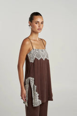 Florence Shirt Top Espresso by Summi Summi – relaxed cupro rayon camisole with cream lace trim and adjustable straps.