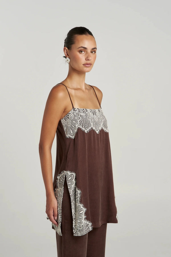 Florence Shirt Top Espresso by Summi Summi – relaxed cupro rayon camisole with cream lace trim and adjustable straps.